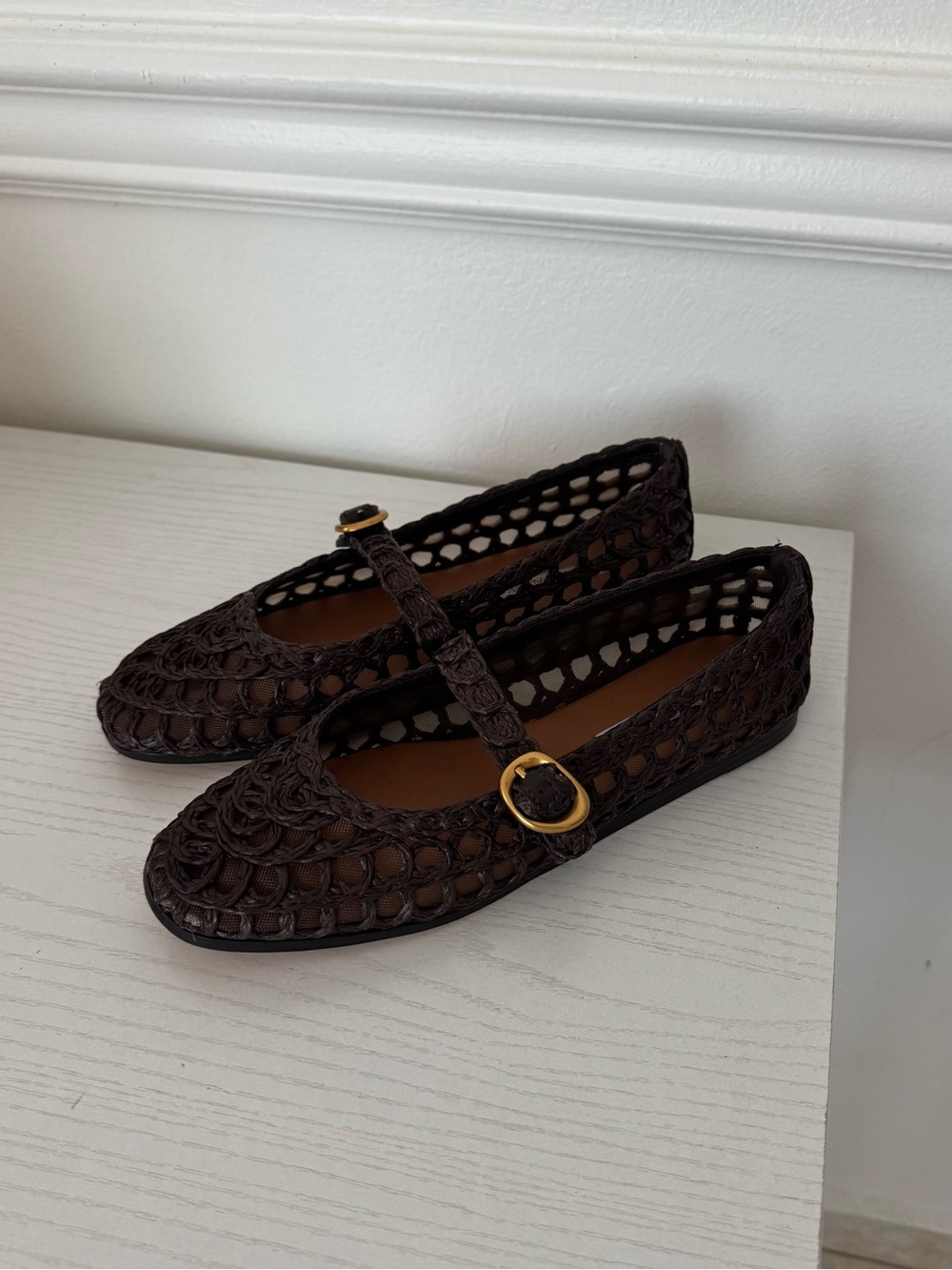 Steve Madden Dark Brown Woven Mary Jane Flats with Gold Buckle - Picture 2 of 6